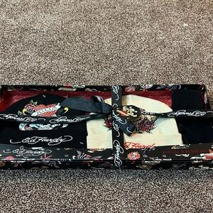 Ed Hardy Black and Cream Beanie Set with Tattoo Designs
